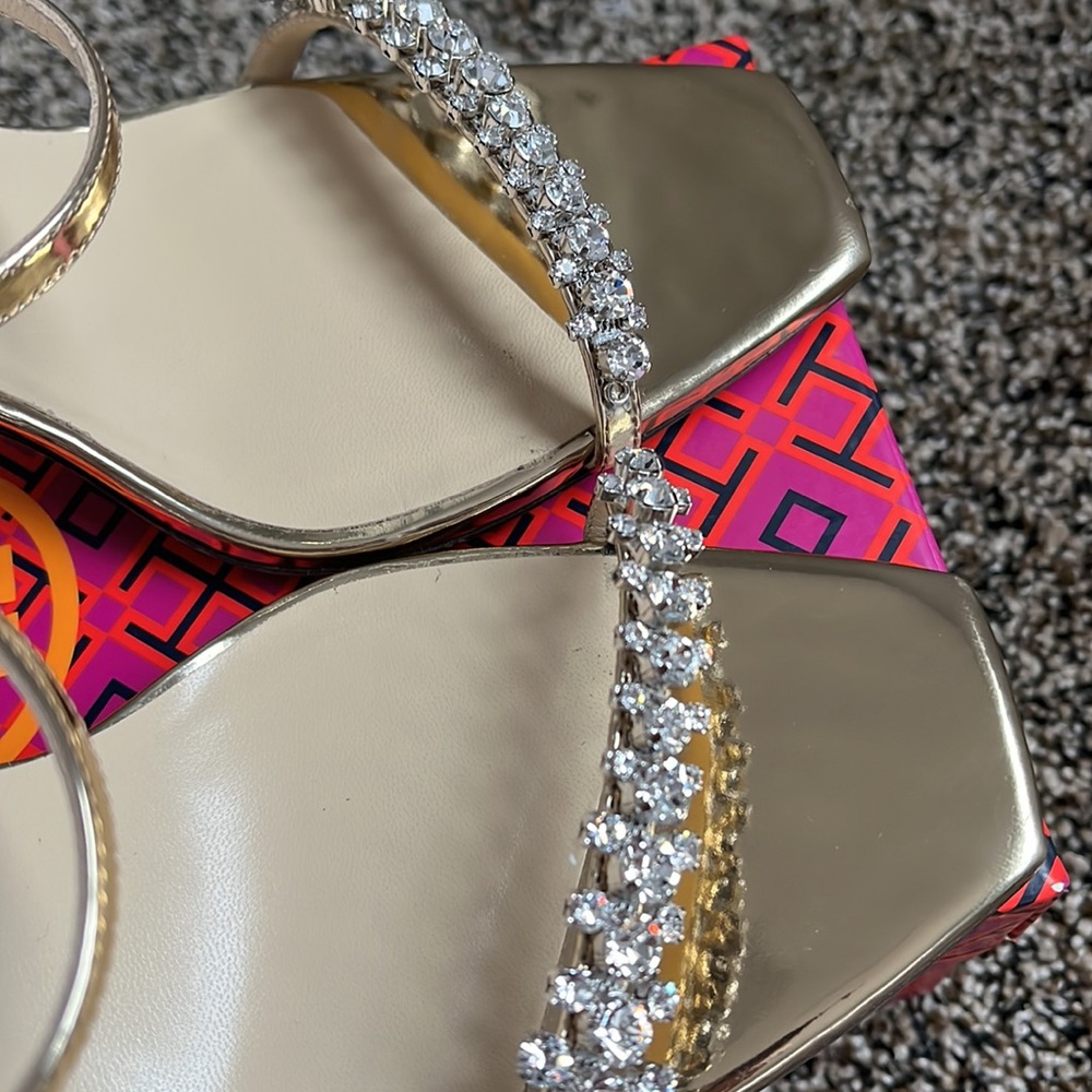 Jimmy Choo Meira 85 Gold Leather Sandals with Crystal Embellishment, like new - Picture 8 of 14